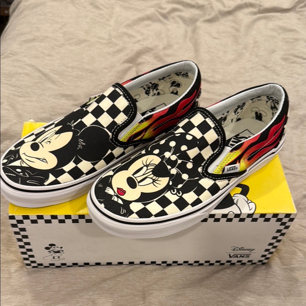 Vans Disney Checkered Slip-On Shoes with Mickey and Minnie